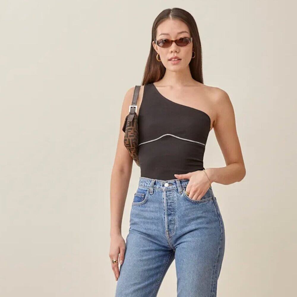 Reformation One-Shoulder Black Tank Top with Contrast Stitching